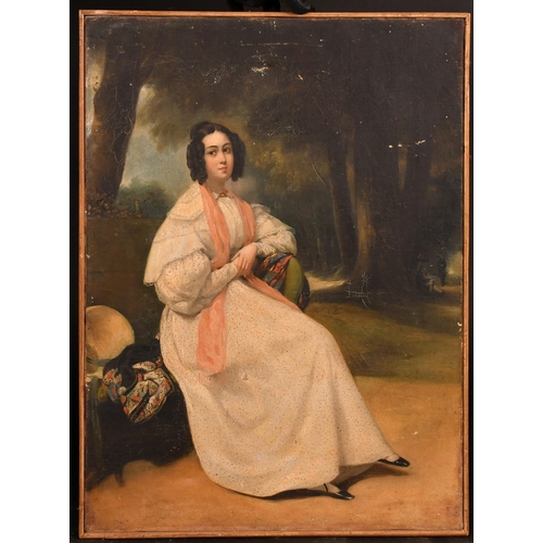 245 - Circle of George Chinnery, a lady seated in a wooded landscape, oil on canvas, 17