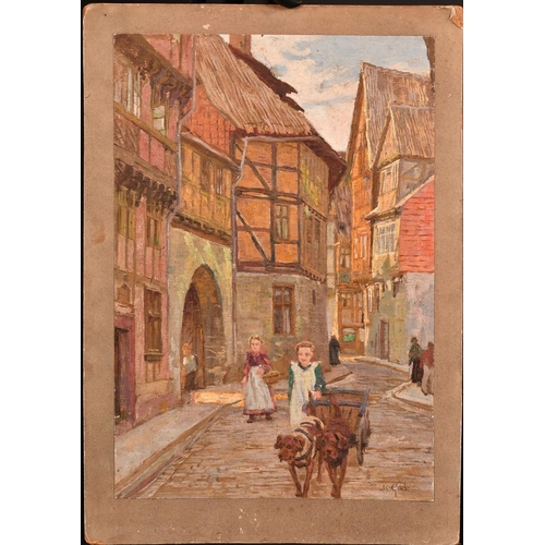 246 - William Giles, a child with a dog cart on a city street, oil on canvas laid onto card, signed, 14.75... 