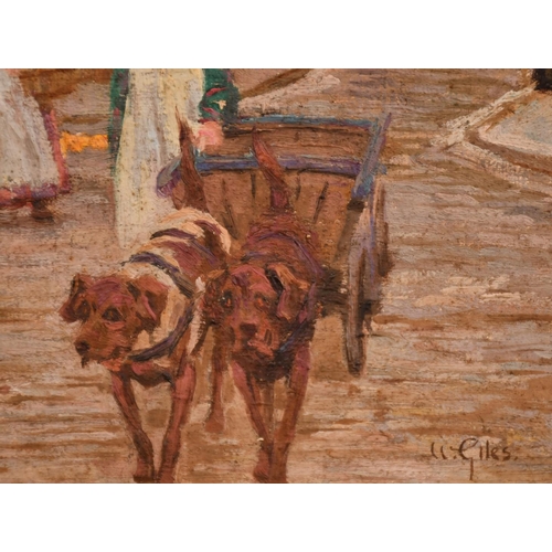 246 - William Giles, a child with a dog cart on a city street, oil on canvas laid onto card, signed, 14.75... 