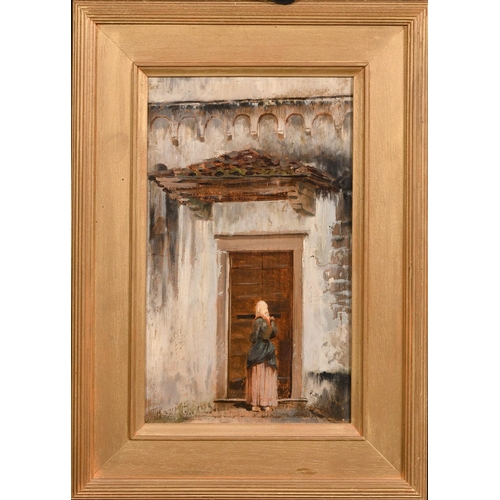 252 - Continental School, Circa 1883, female figure in a doorway, oil on panel, indistinctly signed, 12.5