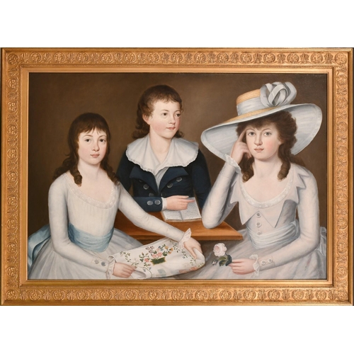 253 - Attributed to John Downman (1750-1824), 'The Comyns-Carr Children', the boy holding a book, the elde... 