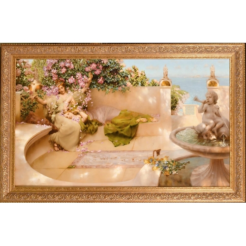 254 - Manner of Godward, (20th Century), classical maidens on a marble terrace overlooking the coast, oil ... 