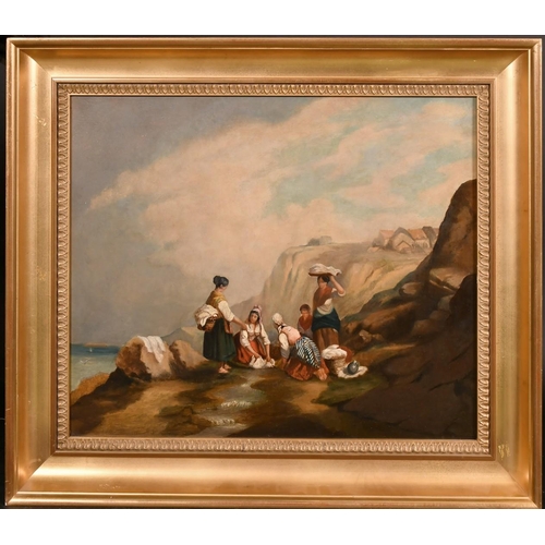 258 - Late 19th Century Continental School, female figures gathered by a stream on a rocky coastline, oil ... 