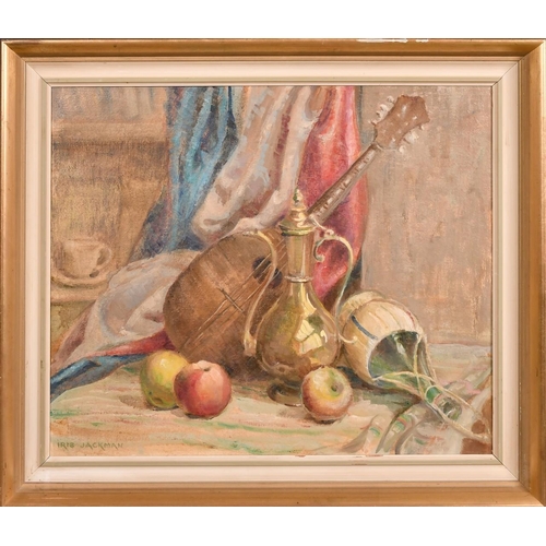 269 - Iris Jackman, Still life with carafe, apples and a mandolin, oil on canvas board, signed, 20