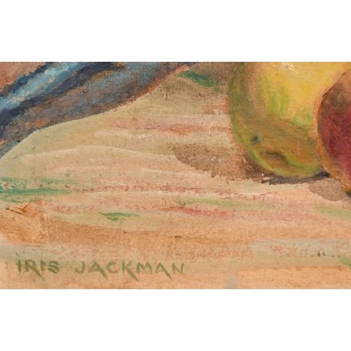 269 - Iris Jackman, Still life with carafe, apples and a mandolin, oil on canvas board, signed, 20