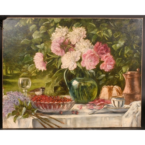 270 - Late 19th Century Continental School, a still life of flowers and other objects on a table in a gard... 