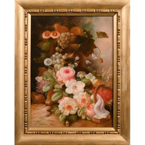 274 - Nancy Lee (20th Century), a still life of mixed flowers and grapes trailing from an urn, oil on pane... 