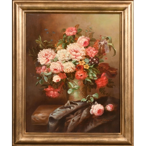 275 - 20th Century, a still life of colourful mixed flowers, oil on panel, indistinctly signed, 20