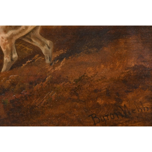 278 - Byron Webb, 19th Century, a mounted huntsman crossing heathland, oil on panel, signed, 9.5