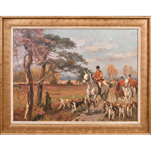 281 - Early 20th Century German School, mounted huntsmen and their hounds passing over heathland, oil on p... 