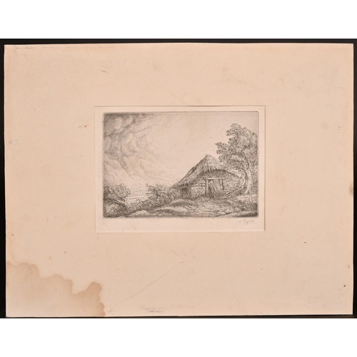 29 - Alphonse Legros, a thatched building on a hillside, etching, signed in pencil, plate size 4.75