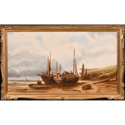 290 - Attributed to Ralph Reuben Stubbs, fishermen maintaining their boats, oil on canvas, 13.5