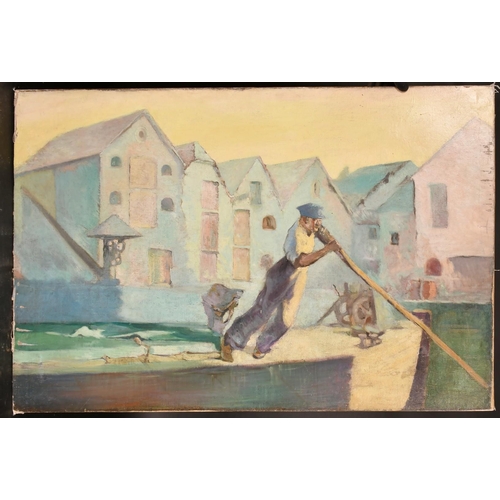 293 - Circle of Frank Brangwyn, figure pushing off from a Dutch barge with warehouses beyond, oil on canva... 