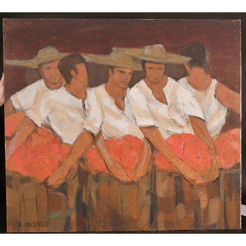 296 - Oscar de Zalameda (1930-2010), Philippines, a study of five male figures with gathered fruit, signed... 