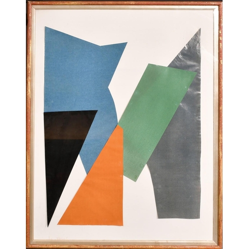 298 - Mid-Century, Abstract shapes on a white painted background, collage, indistinctly signed, 28