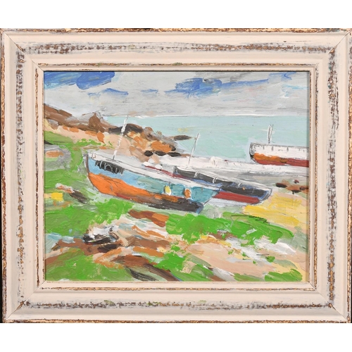 303 - Circle of Donald Mcintyre, a view of boats on the shore, oil on board, inscribed verso, 8