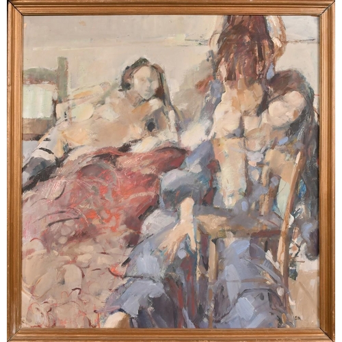 306 - 20th Century, a study of female figures, oil on board, signed with initials E. M., 30.5