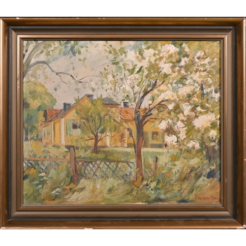 312 - 20th Century Scandinavian School, view of a homestead with trees in blossom, oil on canvas, signed, ... 