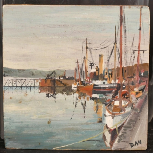 315 - English Provincial School, Circa 1960, a set of three coastal scenes, oil on board, all signed 'Dan'... 