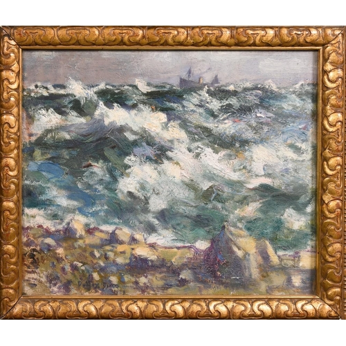 323 - Dudley Dixon (20th Century), a coastal view with a vessel in rough seas, oil on canvas, signed, 13.5... 