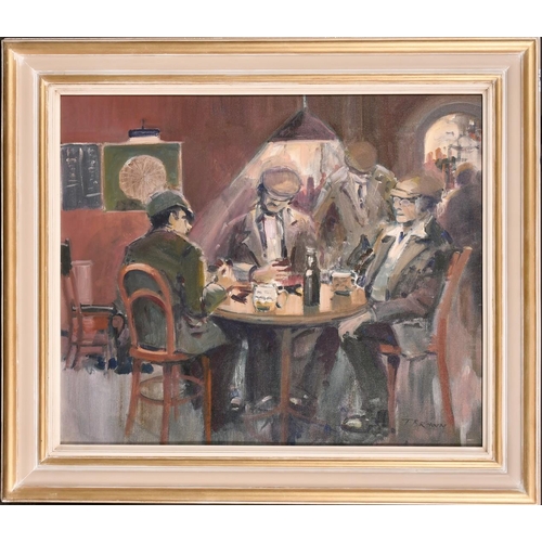 328 - Tom Brown, 20th Century, Salford Artist, male figures in flat caps playing cards in a public house, ... 