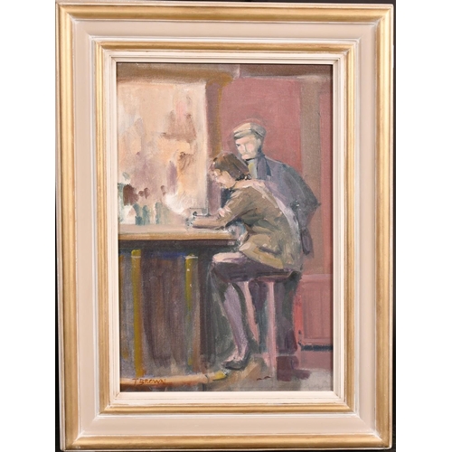 329 - Tom Brown, 20th Century, Salford Artist, a couple conversing at a bar, oil on canvas laid down, sign... 