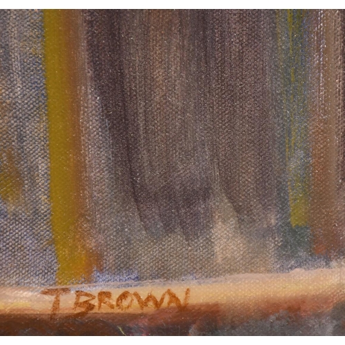 329 - Tom Brown, 20th Century, Salford Artist, a couple conversing at a bar, oil on canvas laid down, sign... 