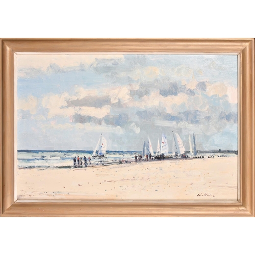 330 - Geoffrey Chatten (b. 1938), beach scene with figures and sailing boats, oil on board, signed, 20