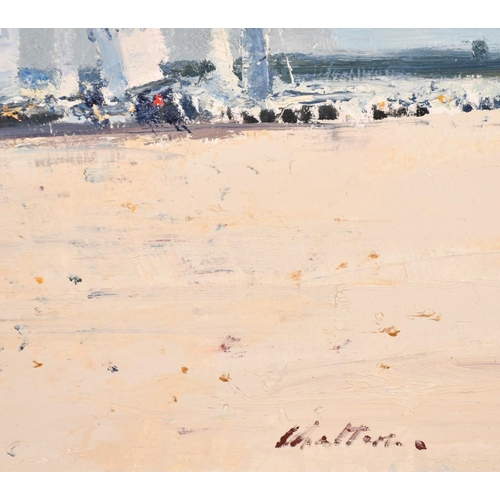 330 - Geoffrey Chatten (b. 1938), beach scene with figures and sailing boats, oil on board, signed, 20