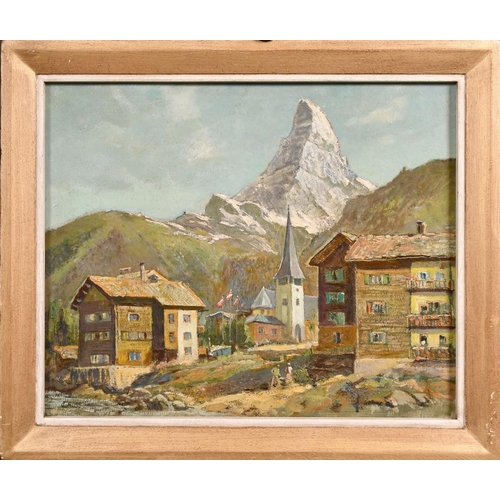 334 - John Cross (20th Century), a view of the Matterhorn from Zermatt, oil on board, signed, 14