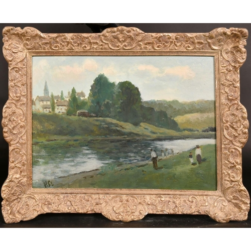 335 - H. E. Lewis (20th Century), figures on a riverbank, oil on board, signed with initials, 13