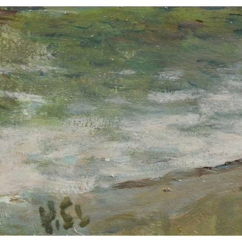 335 - H. E. Lewis (20th Century), figures on a riverbank, oil on board, signed with initials, 13