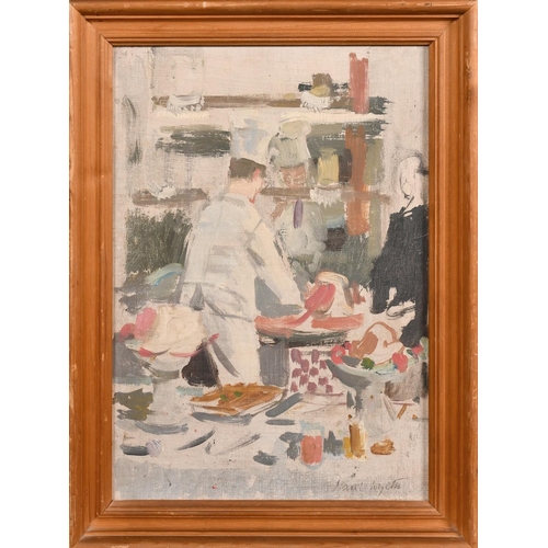 337 - Paul Wyeth (1920-1983), 'Chef and Kitchen, Browns Hotel, London', oil on board, signed and further i... 