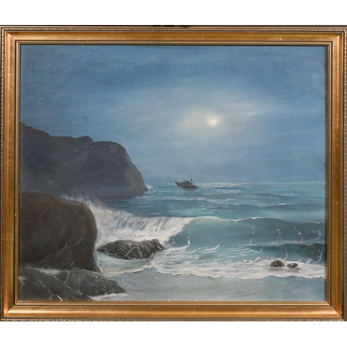 341 - Adams, Circa 1972, a ship passing a headland under moonlight, oil on canvas, signed, 20