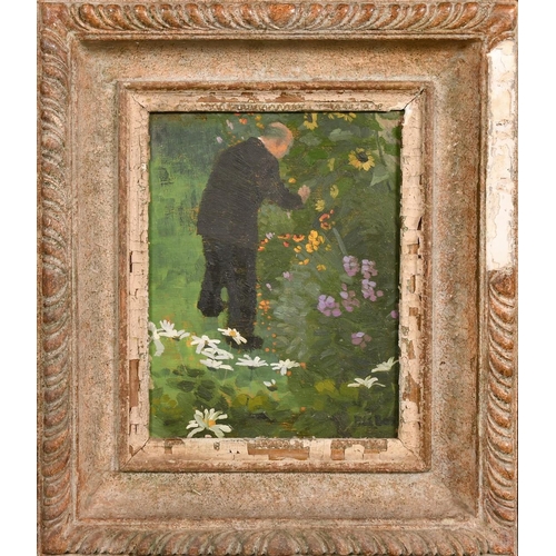 342 - Early 20th Century Continental School, a gentleman picking flowers, oil on panel, indistinctly signe... 