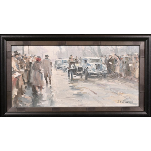 346 - 20th Century Russian School, a scene of cars and crowds on a busy city street, oil on board, 7.5