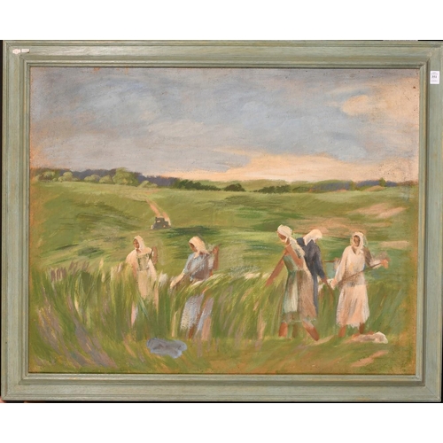 351 - G A Anfilova, (20th Century) Russian School, figures working in a field at harvest time, oil on canv... 