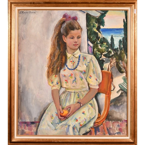 352 - Boris Korzhevski (1927-2004), portrait of a young girl seated outdoors with the sea beyond, oil on c... 