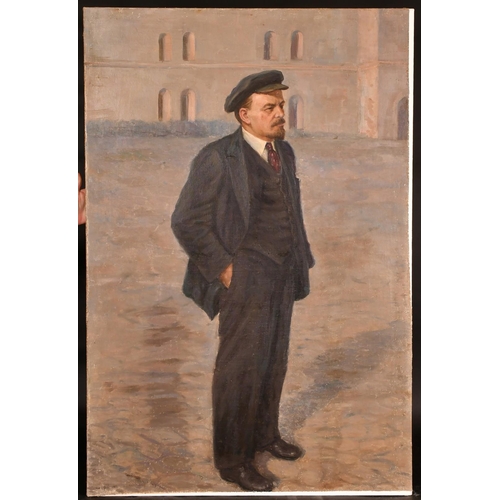 353 - 20th Century Soviet School, a portrait of Lenin standing in a city square, oil on canvas, 54