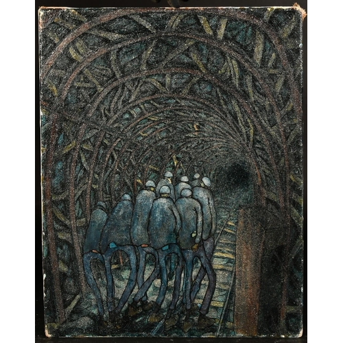 356 - Attributed to Tom McGuinness (1926-2006), miners walking through a mine, oil on canvas, 18