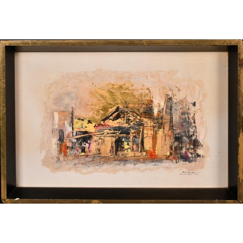 363 - Smirnoff, Circa 1968, a pair of oil on card scenes of town views with figures, embellished with gold... 