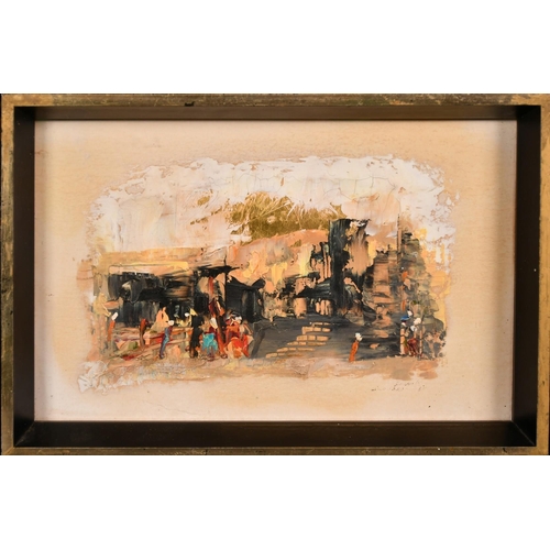 363 - Smirnoff, Circa 1968, a pair of oil on card scenes of town views with figures, embellished with gold... 