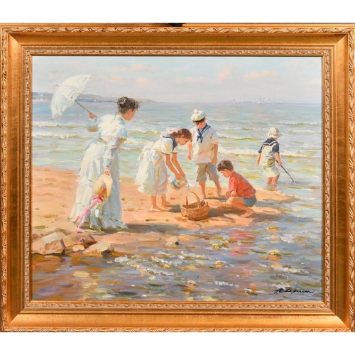 364 - Alexandre Averin (b. 1952), elegant children playing on a beach, oil on canvas, signed, inscribed ve... 