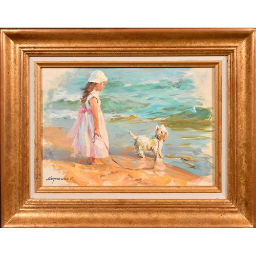 365 - Sergey Marchenko (b. 1977), a young girl and her dog on a beach, oil on canvas, signed, inscribed ve... 