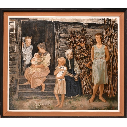 367 - Boris Mikhaylov (1959-2015) Ukrainian, 'Anticipation', a family waiting outside a homestead, oil on ... 