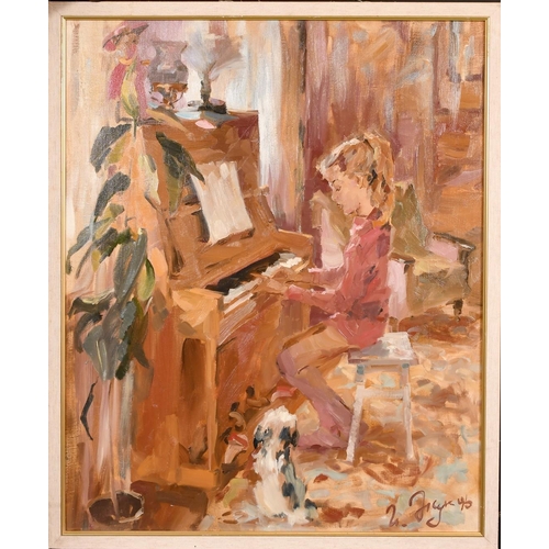 368 - Late 20th Century Russian School, a young girl playing a piano, oil on canvas, indistinctly signed, ... 