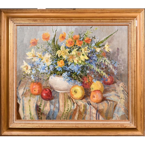 369 - Irina Savitskaya, Circa 1997, a still life of flowers and fruit, oil on canvas, signed verso, 19.75