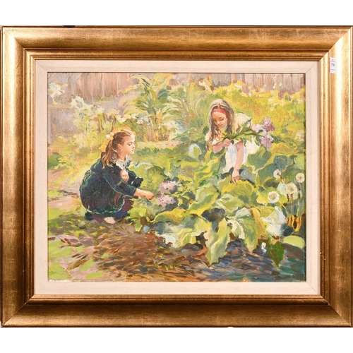 370 - Karas Olissia, Late 20th Century Russian School, young girls picking flowers in a garden, oil on can... 