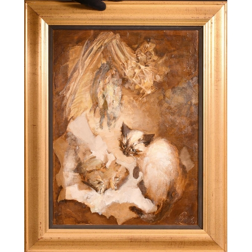 373 - Late 20th Century Russian School, a kitten beside fish, oil on canvas, indistinctly signed, further ... 