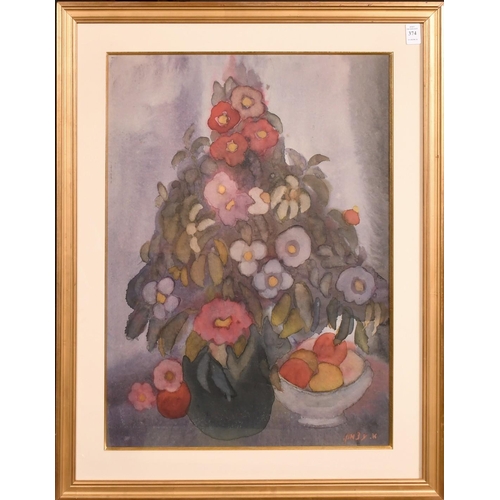 374 - Yablonski 20th Century Russian School, a still life of flowers and fruit in a bowl, watercolour, sig... 